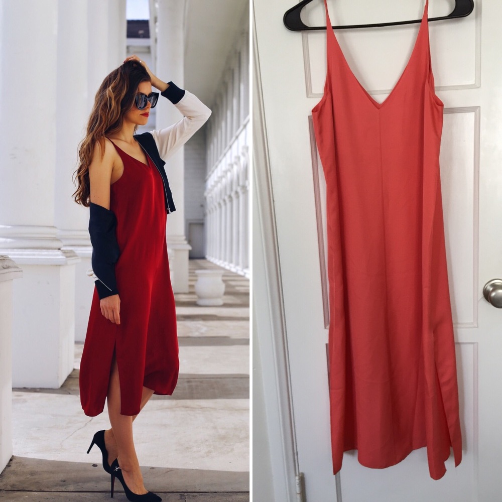 NWT Grana Silk V-neck midi slip dress CORAL